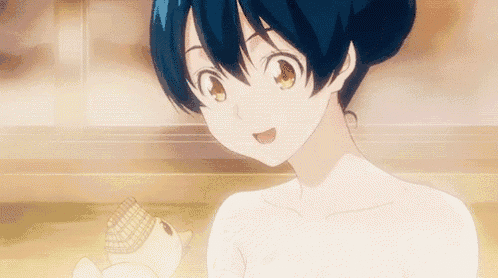 a naked anime girl is taking a bath in a bathtub with a cat .