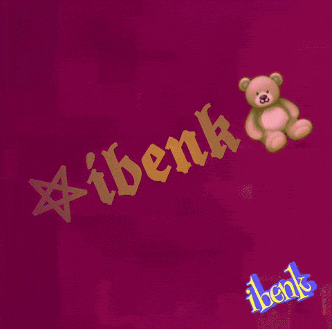 a teddy bear sits next to the word ibenk on a red background