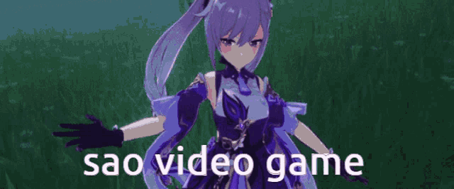 a video game character is standing in a field with the words sao video game below her