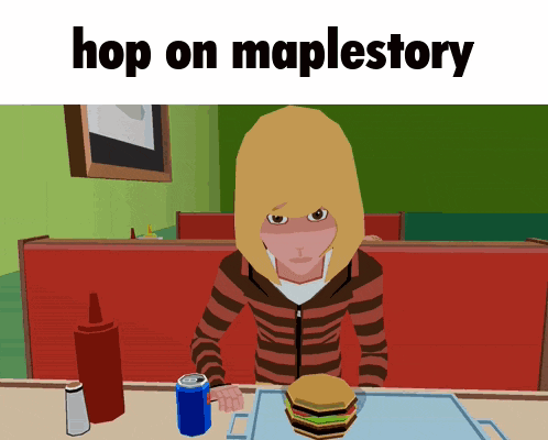 a cartoon of a person sitting at a table with a hamburger and the words hop on maplestory