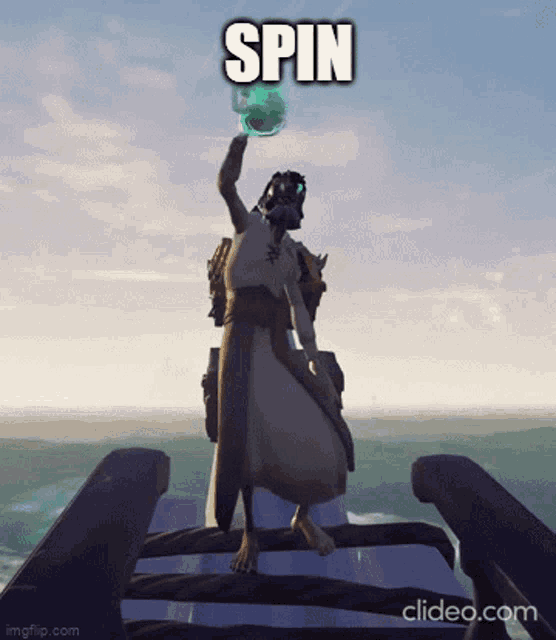 a video game character is holding a green object in his hand and the words spin are above him