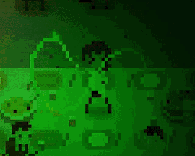 a pixel art drawing of a man holding a green stick