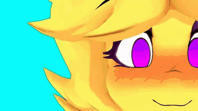 a close up of a yellow cartoon character with purple eyes .