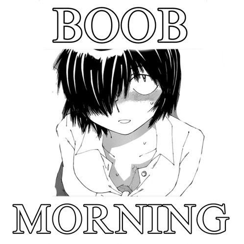 a black and white drawing of a girl with the words boob morning