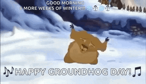 a happy groundhog day greeting card with a groundhog in the snow
