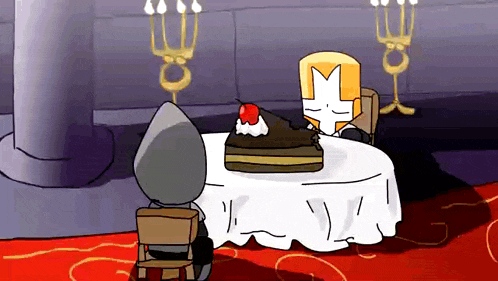 a cartoon of two knights sitting at a table with a piece of cake on it .