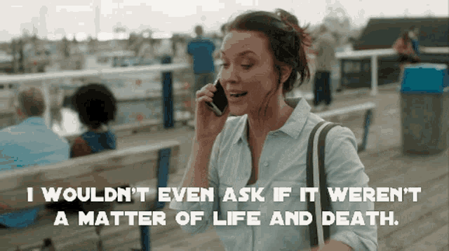 a woman talking on a cell phone with the words i wouldn 't even ask