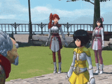 a group of anime characters are standing on a sidewalk talking to each other