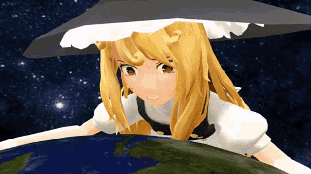 a girl with a witch hat is looking at a globe