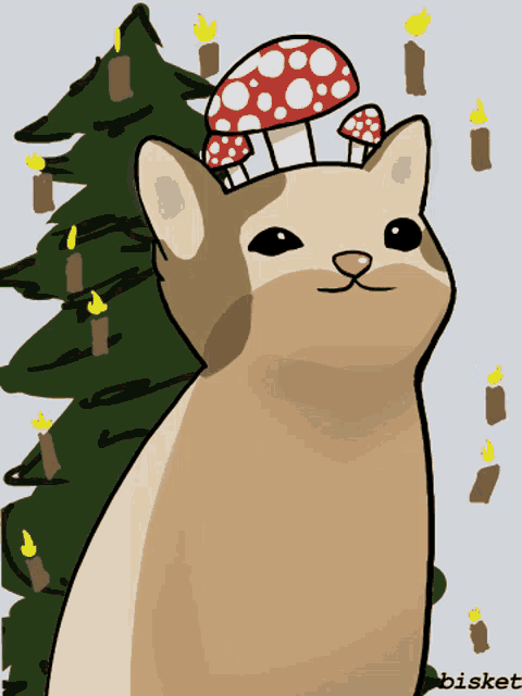 a drawing of a cat with mushrooms on its head and the name bisket on the bottom