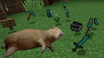 a capybara is laying on the ground in a minecraft world surrounded by weapons and shields .