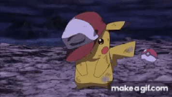 a pikachu is wearing a red hat and holding a red pokeball .