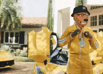 a cartoon dog wearing a ny hat and chains stands next to a yellow car