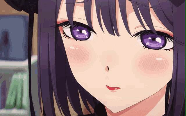 a close up of a girl 's face with purple eyes and red lips