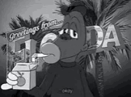 a cartoon character is holding a box that says greetings from soda .