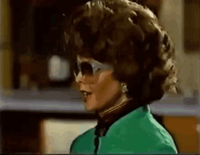 a woman wearing sunglasses and a green jacket is standing in front of a television .