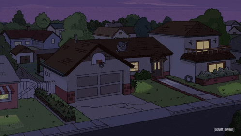 a cartoon drawing of a residential neighborhood with the words adult swim at the top