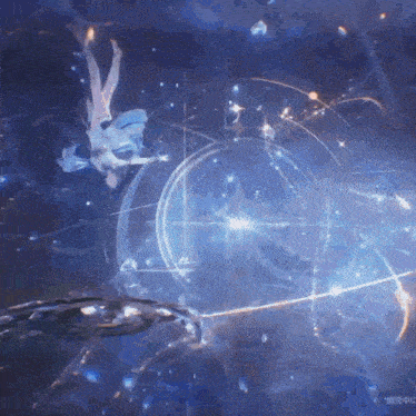 a person in a blue dress is falling into a blue space