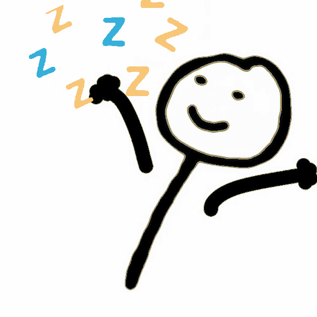 a drawing of a stick figure with a smiley face and sleeping zzz letters