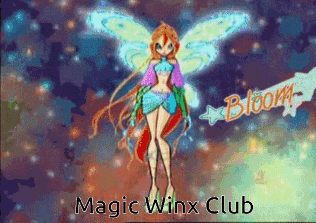 a cartoon of a fairy with the words magic winx club below her