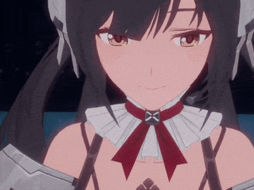 a close up of a girl 's face with a red bow on her neck