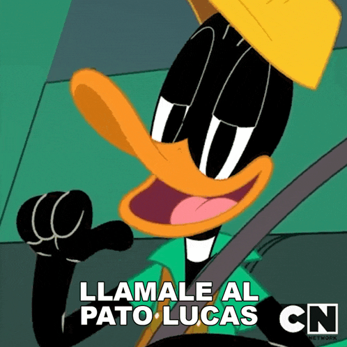 a cartoon duck giving a thumbs up with the words llamale al pato lucas below him