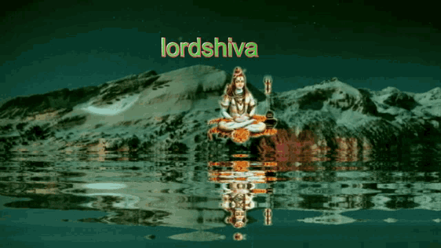 a painting of lord shiva sitting on a rock in the water