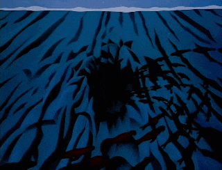 a painting of sharks swimming in the ocean