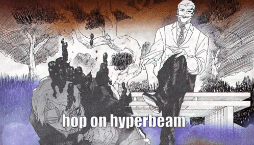 a drawing of a man sitting on a bench with the words hop on hyperbeam
