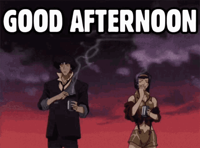 a man and a woman are standing next to each other with the words " good afternoon " above them