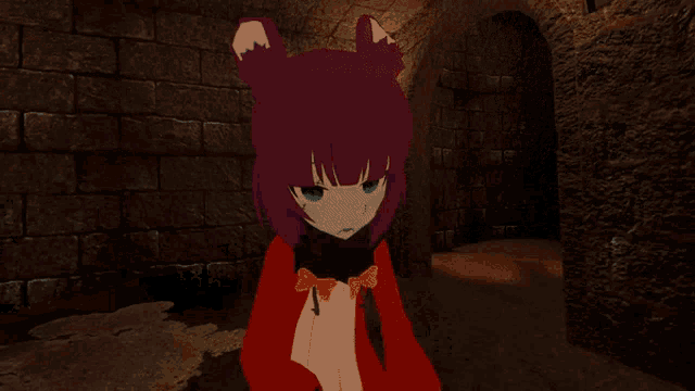 a cartoon character with purple hair and green eyes is standing in a dark room