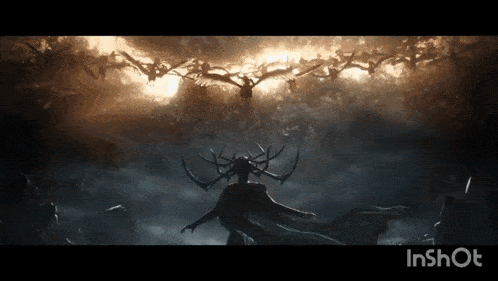 a silhouette of a woman with antlers is surrounded by a flock of birds flying in the sky ..