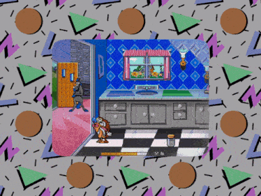a video game screen shows a cartoon character in a bathroom with a checkerboard floor