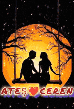 a man and a woman are sitting on a swing in front of a full moon with the name ates and ceren below them