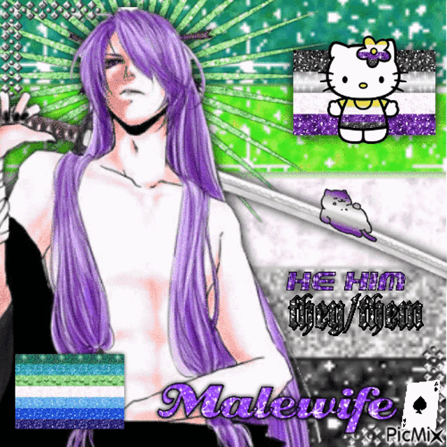 a picture of a man with purple hair and a hello kitty