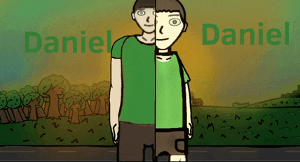 a cartoon of two people with the name daniel on the bottom right