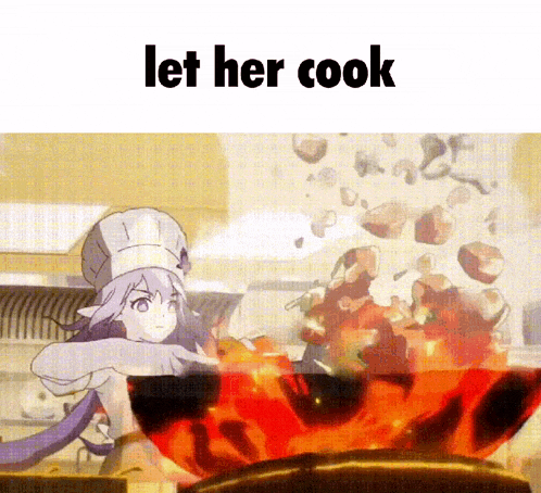 a girl in a chef 's hat is cooking in a pot with the words " let her cook " below her