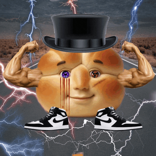 a cartoon peach wearing a top hat and black and white sneakers