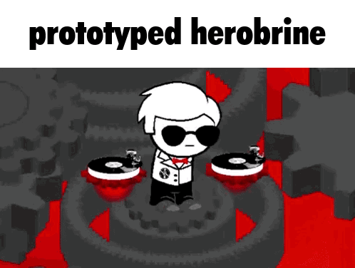 a cartoon of a man playing records with the words prototyped herobrine below him