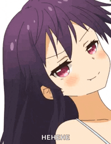 a cartoon girl with purple hair and red eyes says ' henehe ' at the bottom