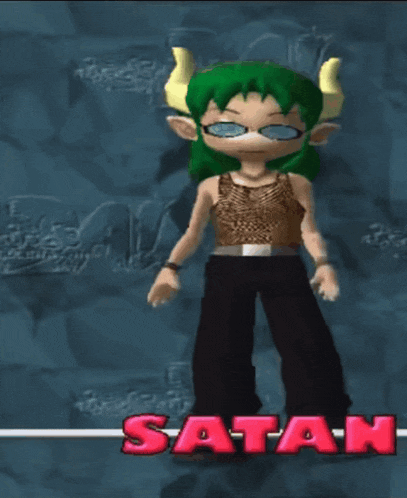 a cartoon character with green hair and horns is standing in front of the word satan