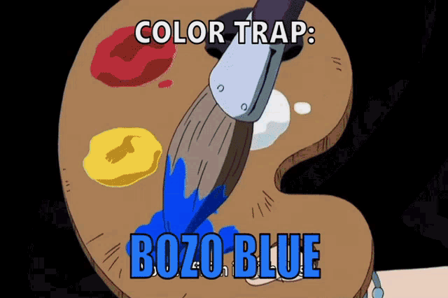 a cartoon drawing of a palette with a brush and the words color trap bozo blue