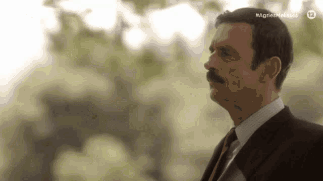 a man with a mustache is standing in front of a sign that says agnies malases