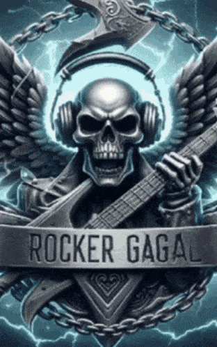 a skull wearing headphones and holding a guitar with the words rocker gagal written underneath it