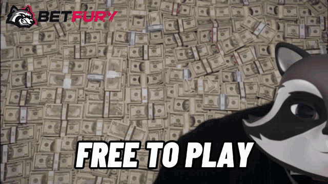 a raccoon is standing in front of a pile of money with the words free to play written below it