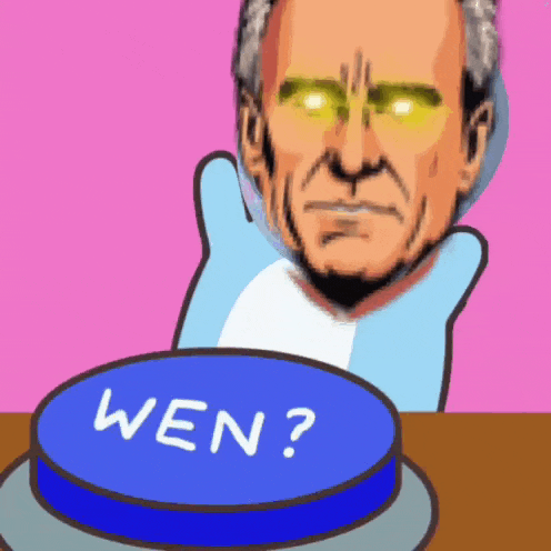 a cartoon of a man pressing a button with the word wen on it