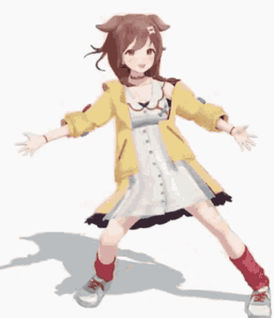 a girl in a yellow jacket and a white dress is dancing with her arms outstretched .