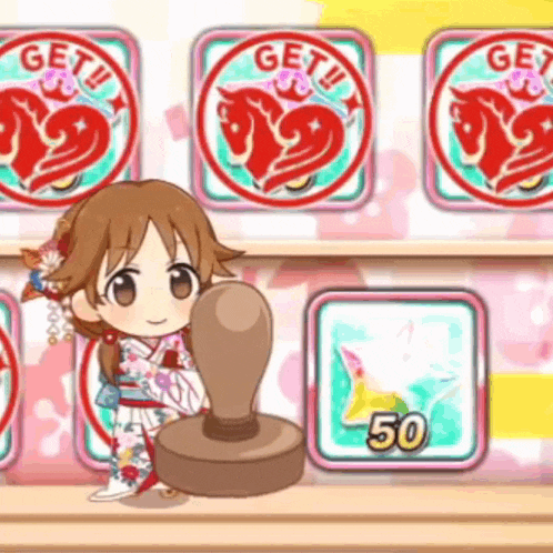 a girl in a kimono is holding a stamp in front of a shelf of stickers .