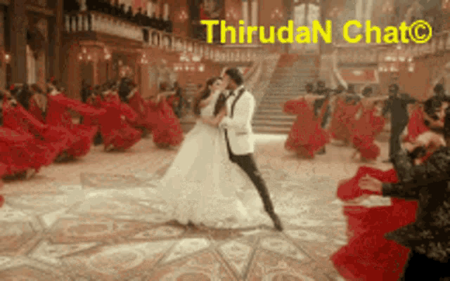 a bride and groom are dancing in front of a crowd with the words thiruda chat on the bottom left