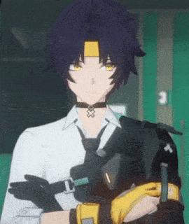 a boy with blue hair and yellow eyes is wearing a white shirt and tie